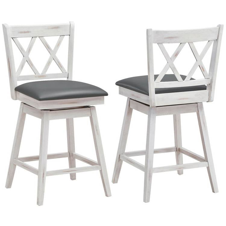 Set of 2 White Wood 24-in Counter Height Farmhouse Swivel Cushion Seat Barstools with footrest and padded seats