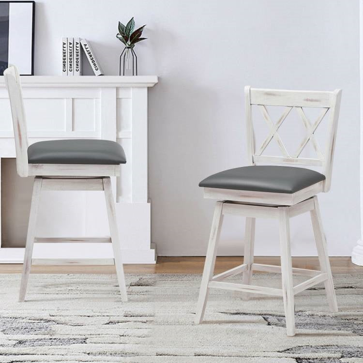Set of 2 White Wood 24-in Counter Height Farmhouse Swivel Cushion Seat Barstools in living room setting