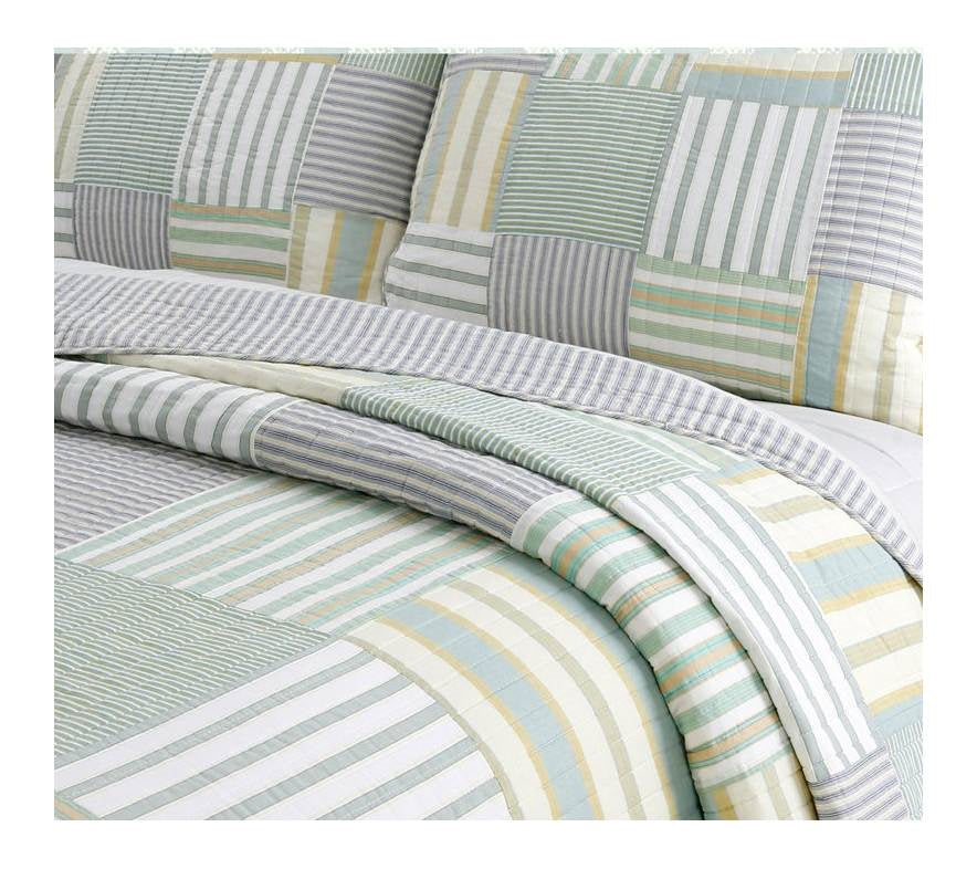 Twin Size Soft Reversible Patches 100% Cotton Quilt Set with striped patchwork design in green, yellow, and blue.