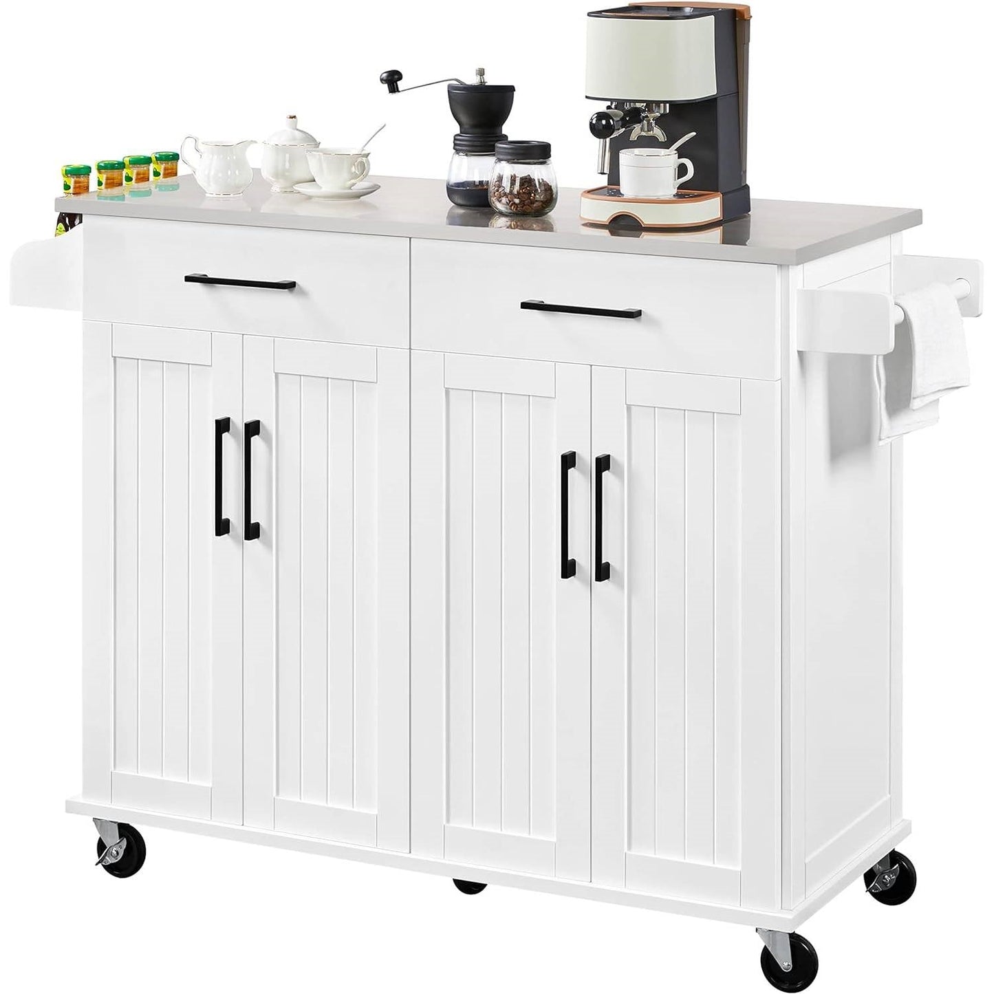 White Kitchen Cart Island with Stainless Steel Top 2 Drawers and Cabinet featuring spice rack and towel bar on wheels.