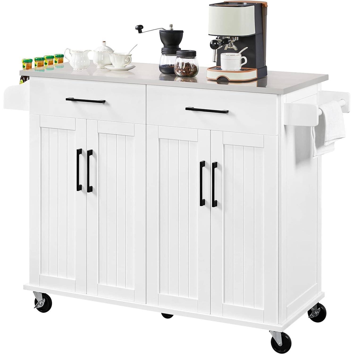 White Kitchen Cart Island with Stainless Steel Top 2 Drawers and Cabinet featuring spice rack and towel bar on wheels.