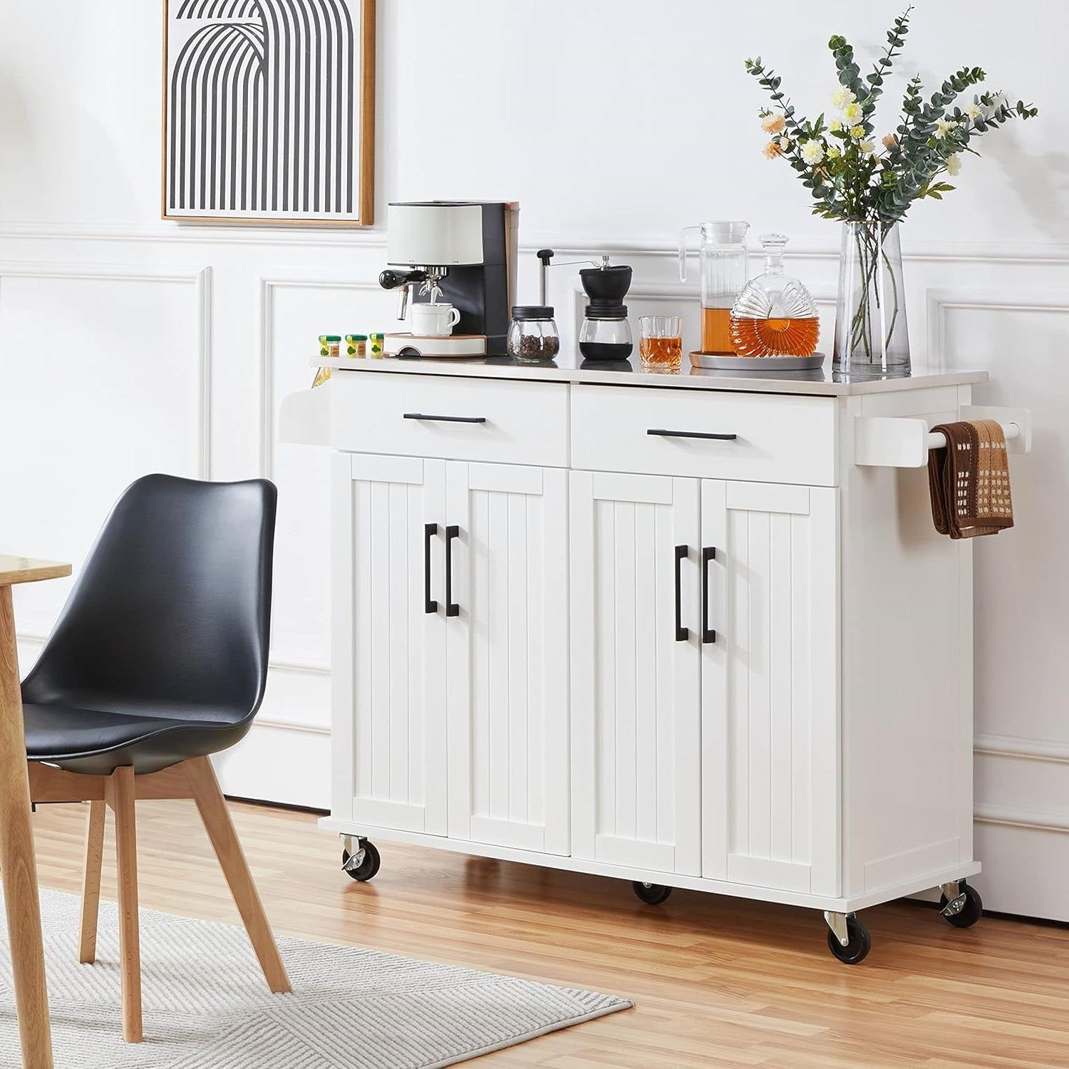 White Kitchen Cart Island with Stainless Steel Top 2 Drawers and Cabinet in modern dining area.