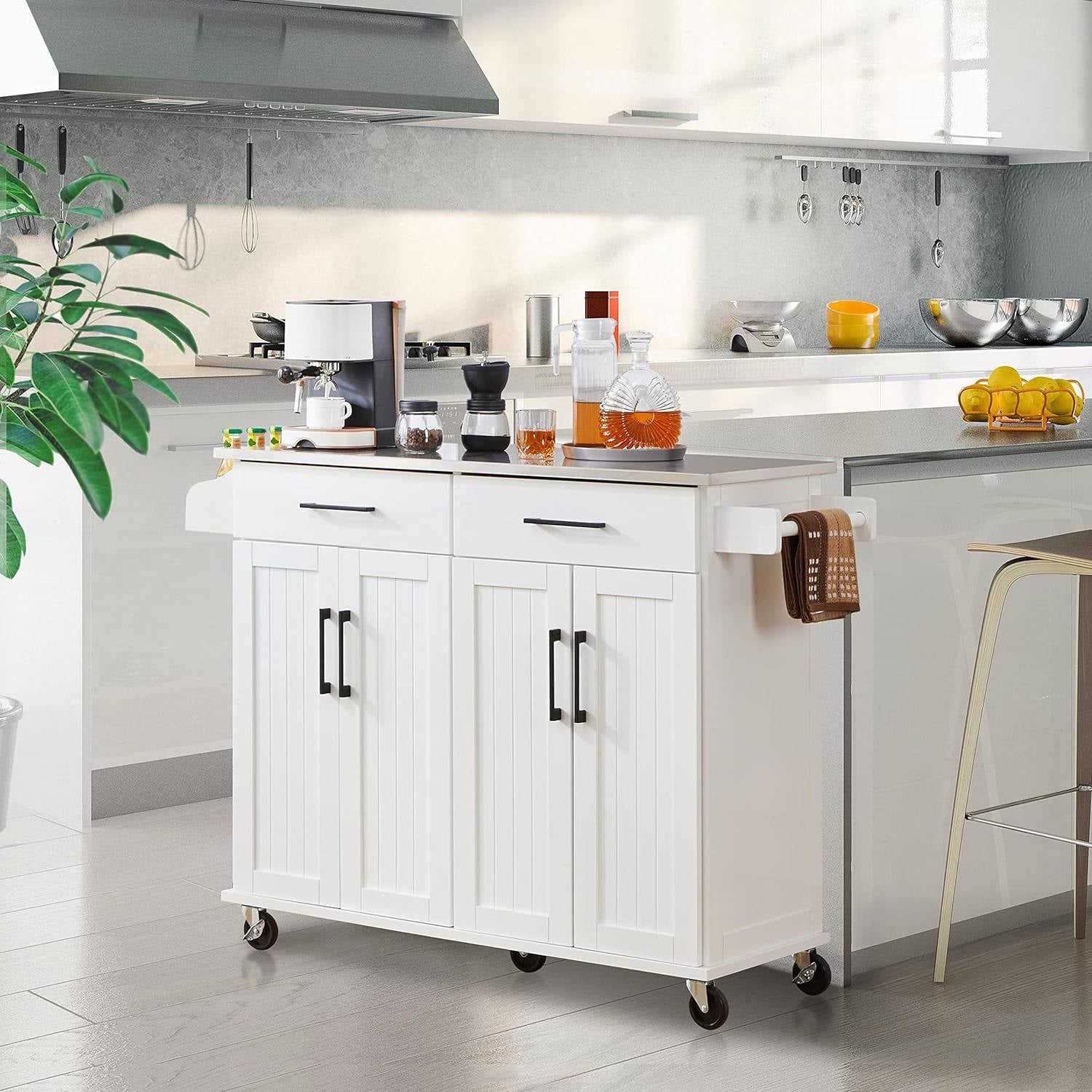 White Kitchen Cart Island with Stainless Steel Top 2 Drawers and Cabinet in modern kitchen setting