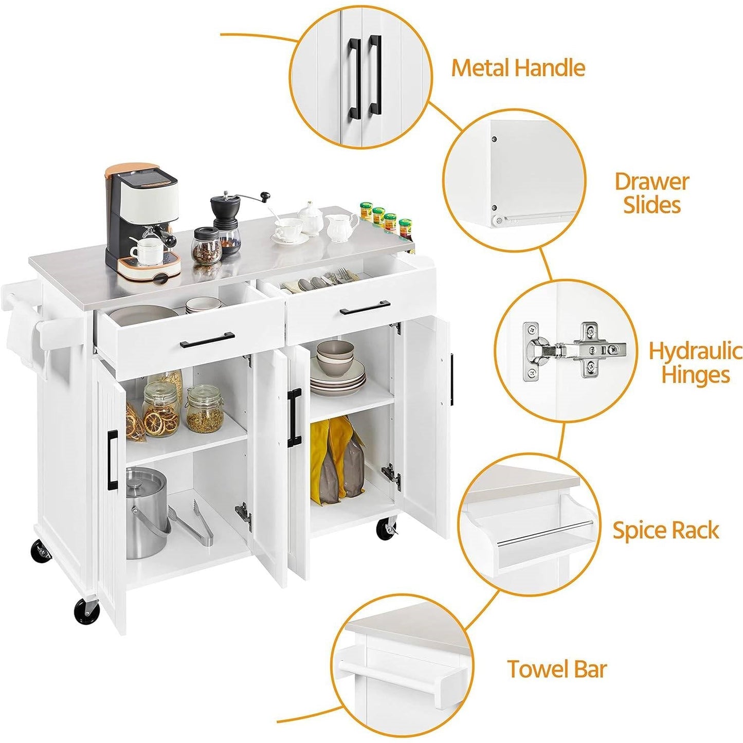 White Kitchen Cart Island with Stainless Steel Top 2 Drawers and Cabinet featuring metal handles and storage options