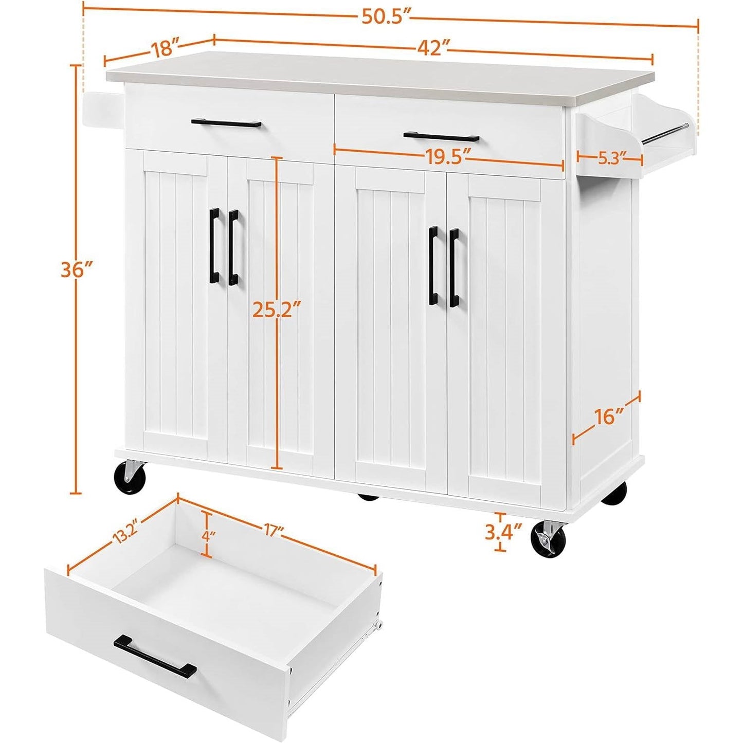 White Kitchen Cart Island with Stainless Steel Top 2 Drawers and Cabinet featuring measurements and adjustable shelves.