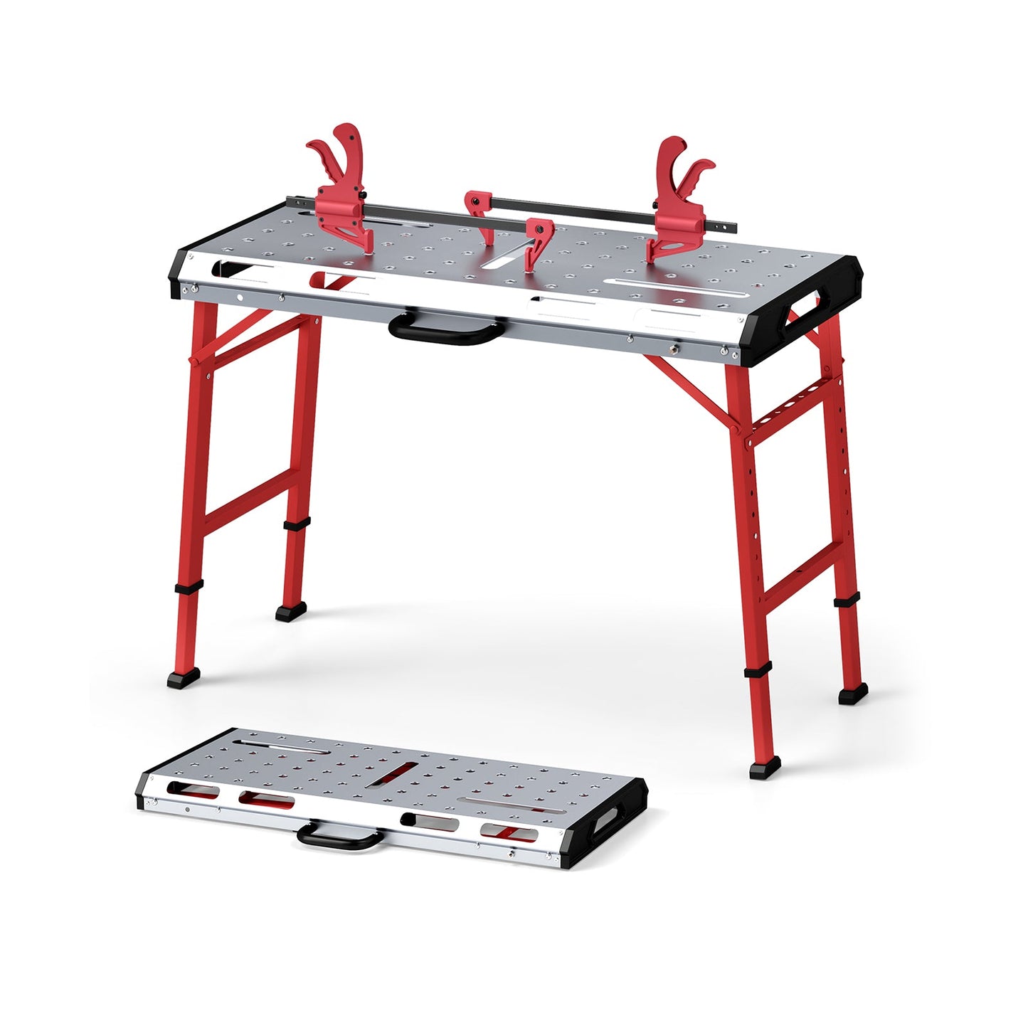 42 Inches x 21 Inches Welding Table with Adjustable Height and 2 Bar Clamps-Silver, featuring a robust frame and tool slots