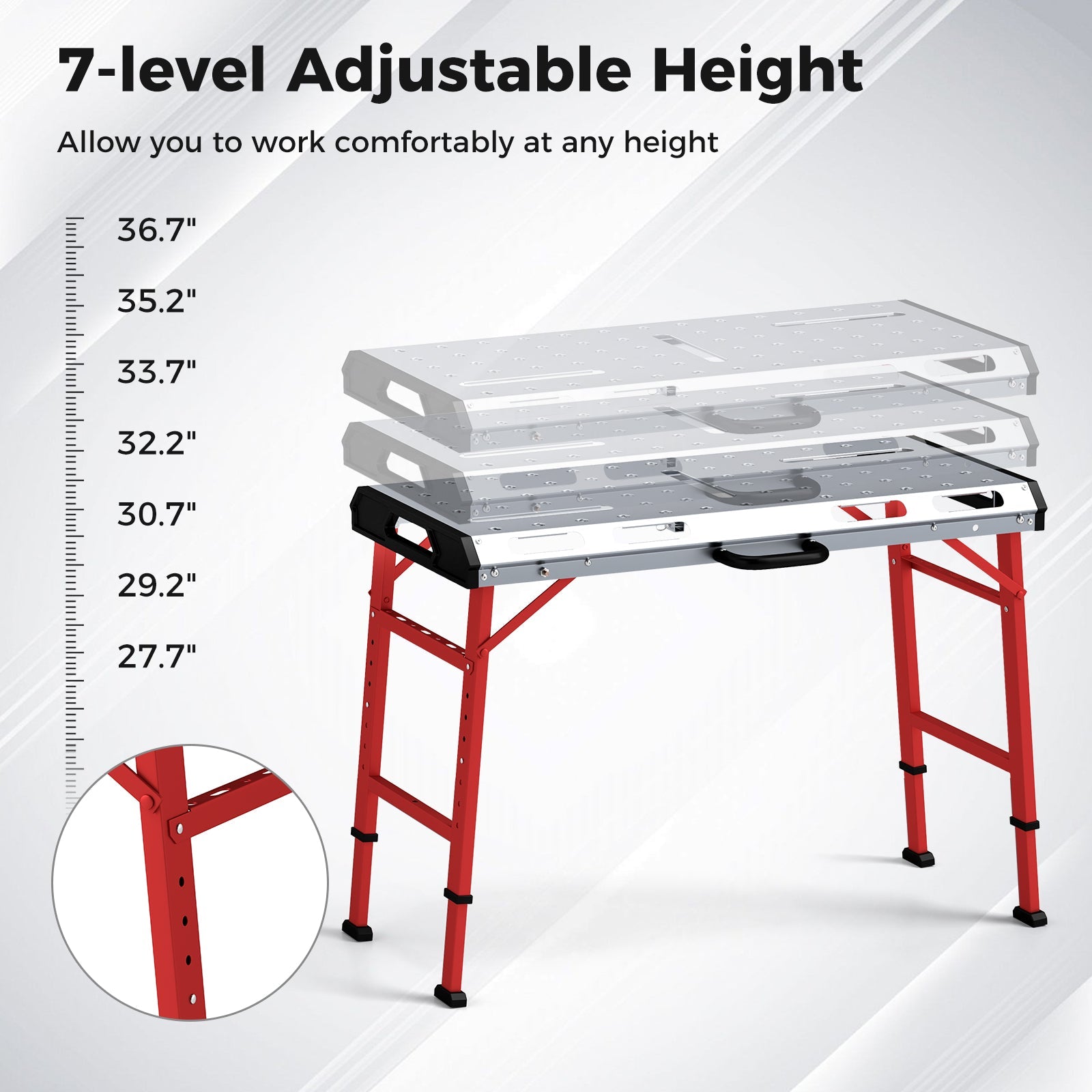 42 Inches x 21 Inches Welding Table with Adjustable Height and 2 Bar Clamps-Silver shown with 7-height levels and red legs.