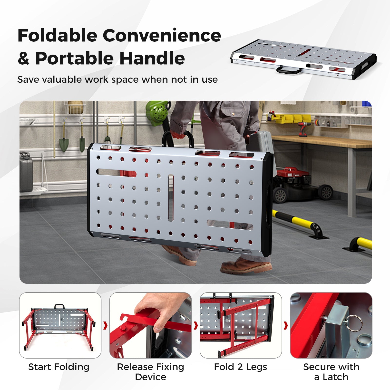 42 Inches x 21 Inches Welding Table with Adjustable Height and 2 Bar Clamps-Silver being folded for storage