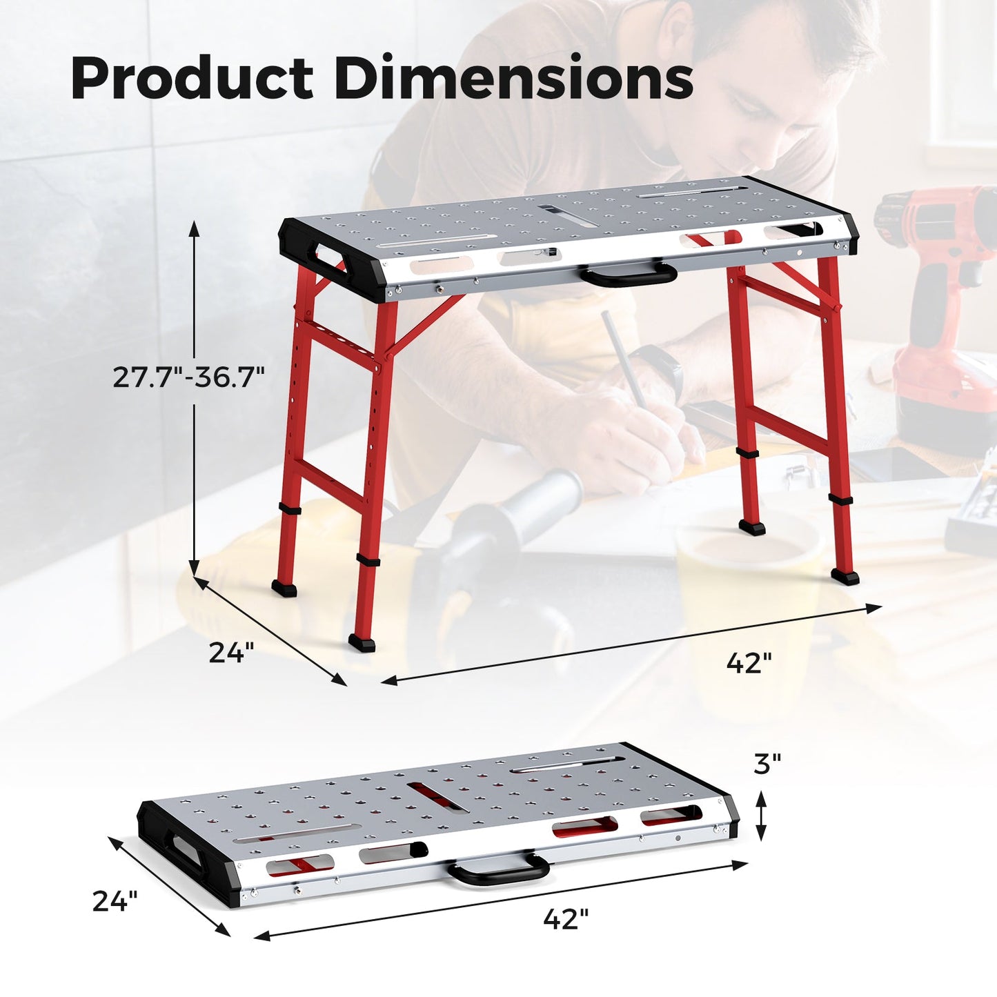 42 Inches x 21 Inches Welding Table with Adjustable Height and 2 Bar Clamps-Silver with dimensions shown, sturdy metal frame.