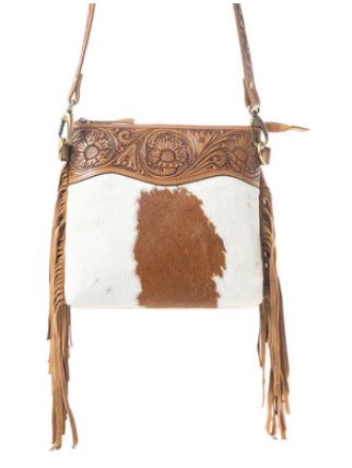 Western Meadows Brown Hair-on Cowhide Crossbody Bag with fringe and tooled leather