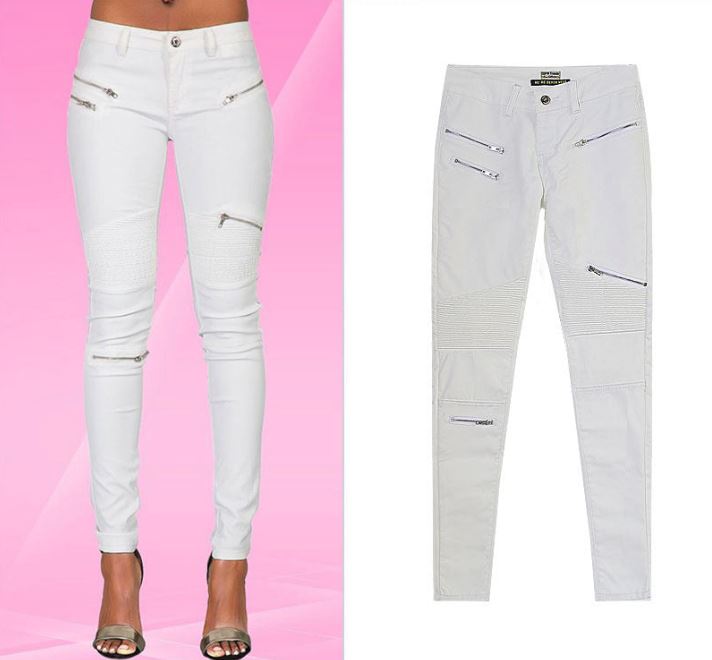 "Lola" White Faux Leather Zippered Knee Pencil Pants displayed on model and separately.