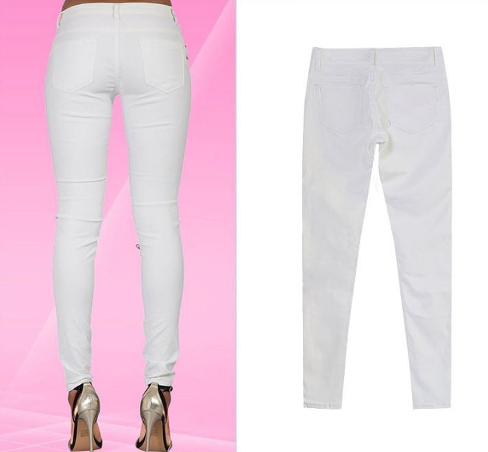 Back and front view of "Lola" White Faux Leather Zippered Knee Pencil Pants showing sleek design on pink background.