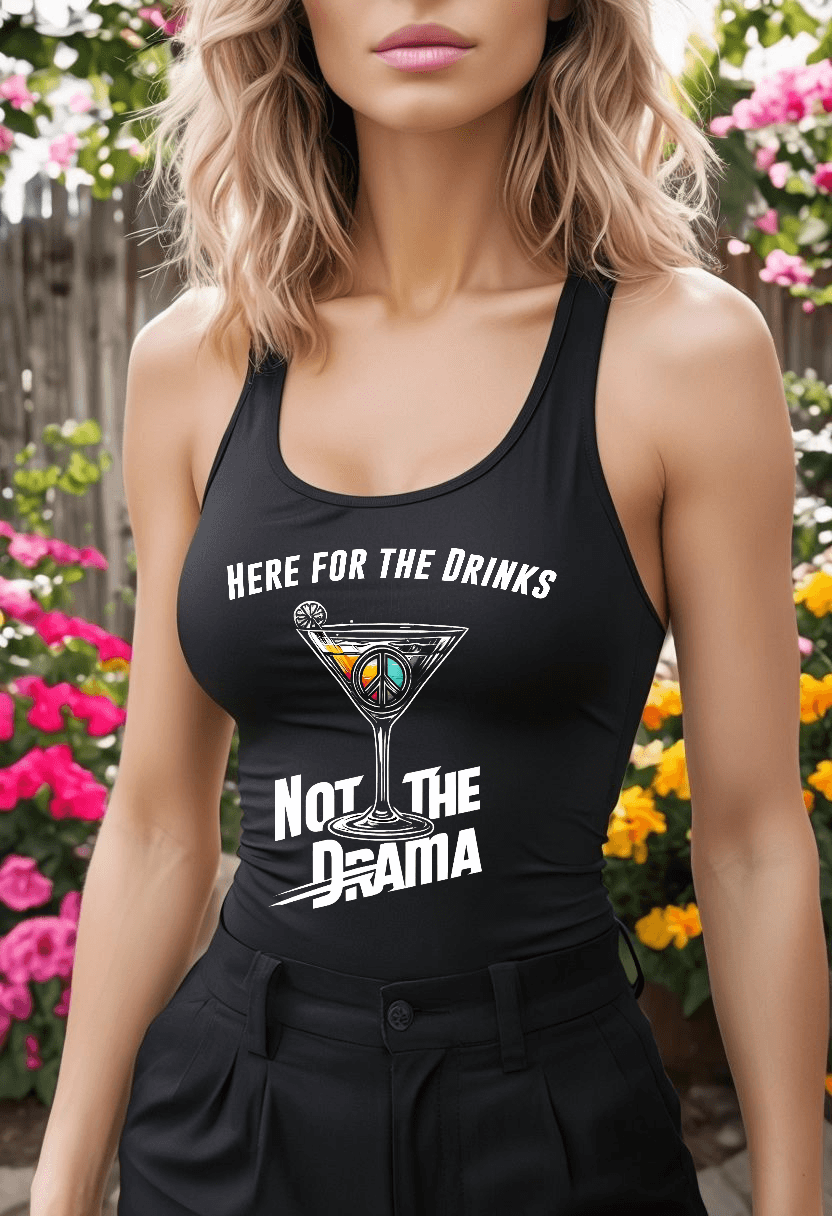 No Drama Womens Flowy Racer Back Tank Top with "Here for the Drinks, Not the Drama" text, worn by woman in garden setting.