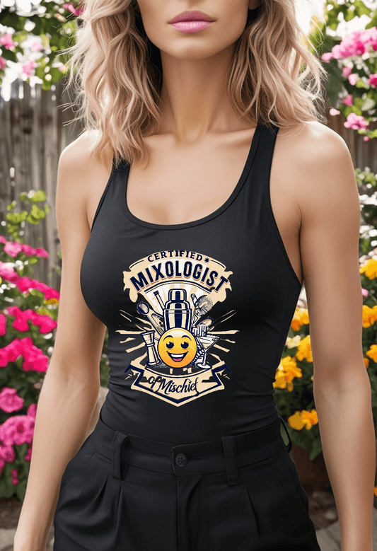 Mixologist of Mischief Womens Racer Back Tank Top in black with colorful playful text, perfect for bartenders and waitresses outdoors.