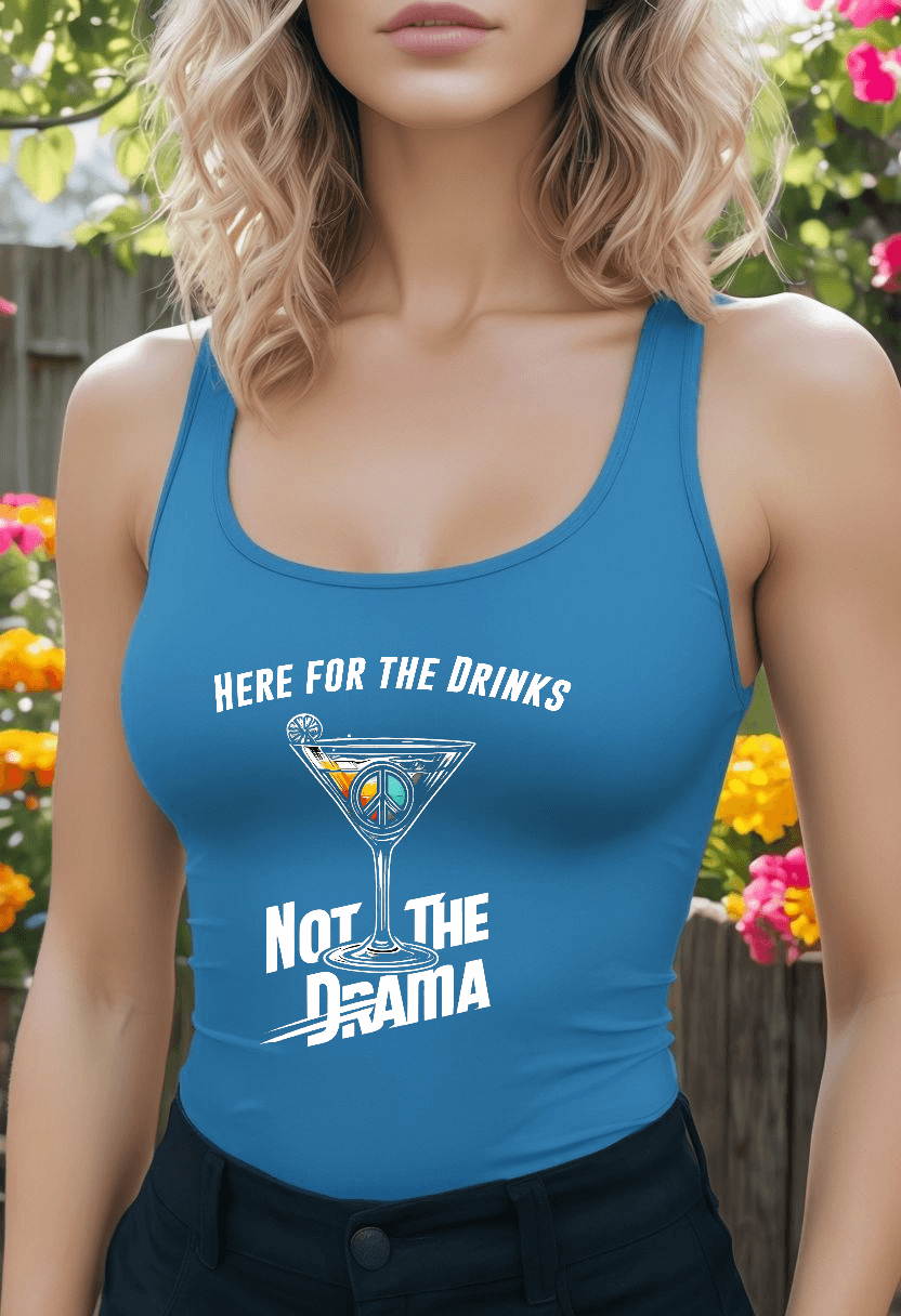 No Drama Womens Flowy Racer Back Tank Top in True Blue with "Here for the Drinks, Not the Drama" text, modeled outdoors.
