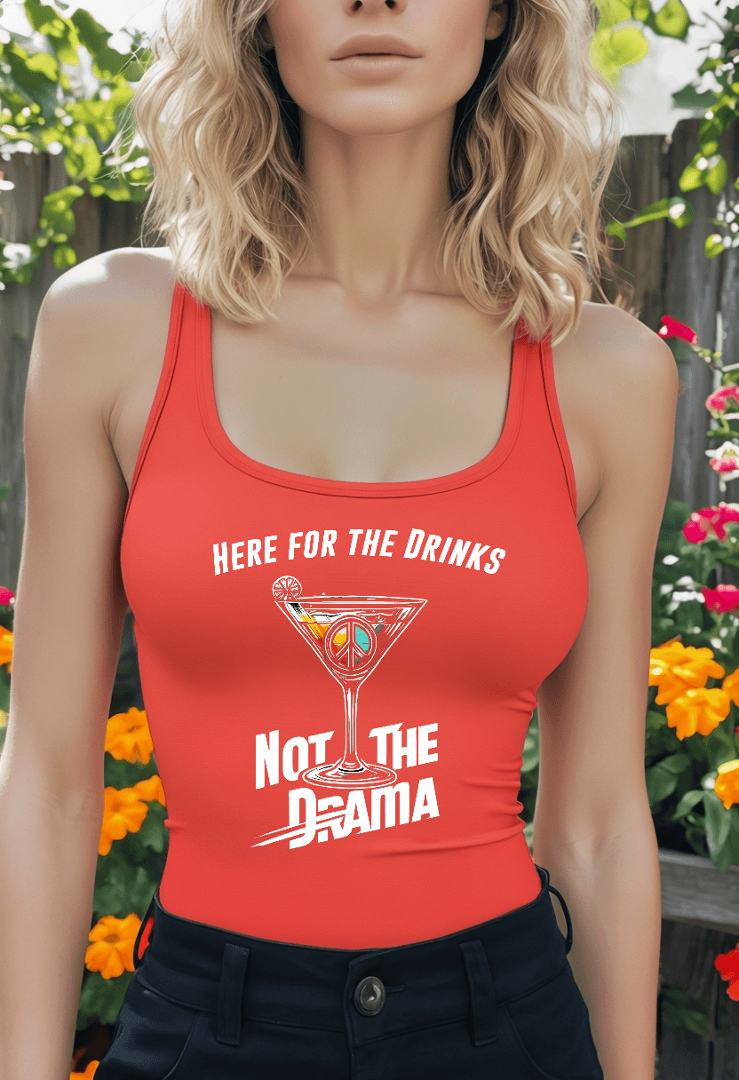 Woman wearing red No Drama Womens Flowy Racer Back Tank Top with "Here for the Drinks, Not the Drama" text, standing in garden.