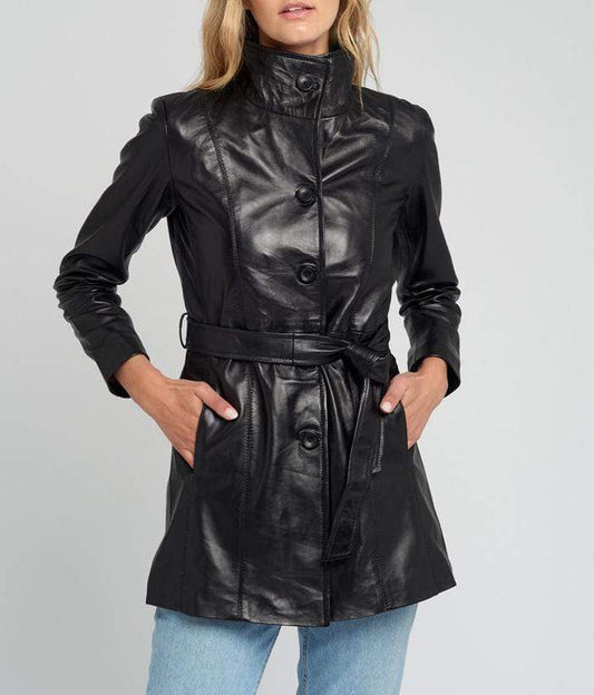 Nora Belted Black Leather Jacket