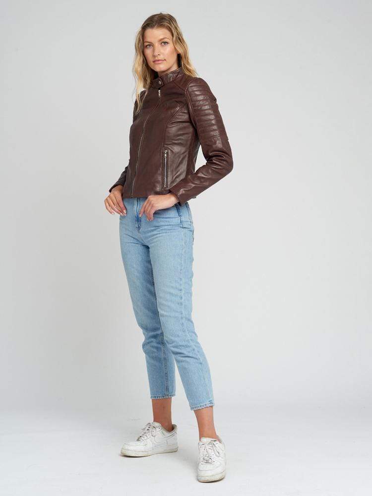 Hayley Brown Quilted Cafe Racer Leather Jacket