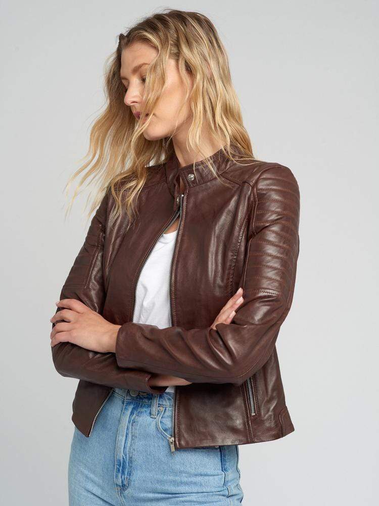 Hayley Brown Quilted Cafe Racer Leather Jacket