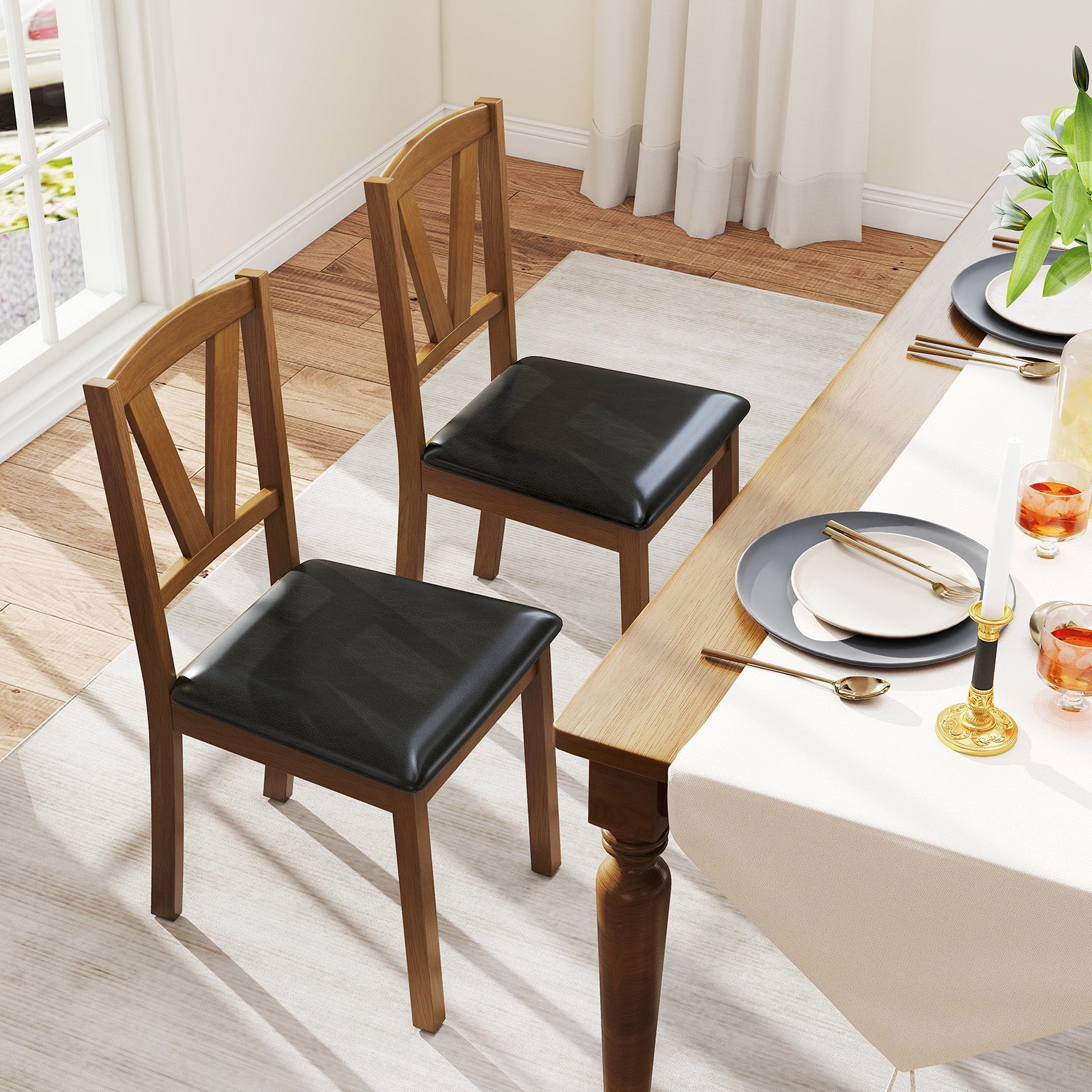 Wooden Dining Chair Set of 2 with PU Leather Upholstered and Rubber Wood Frame-Brown in dining room setting