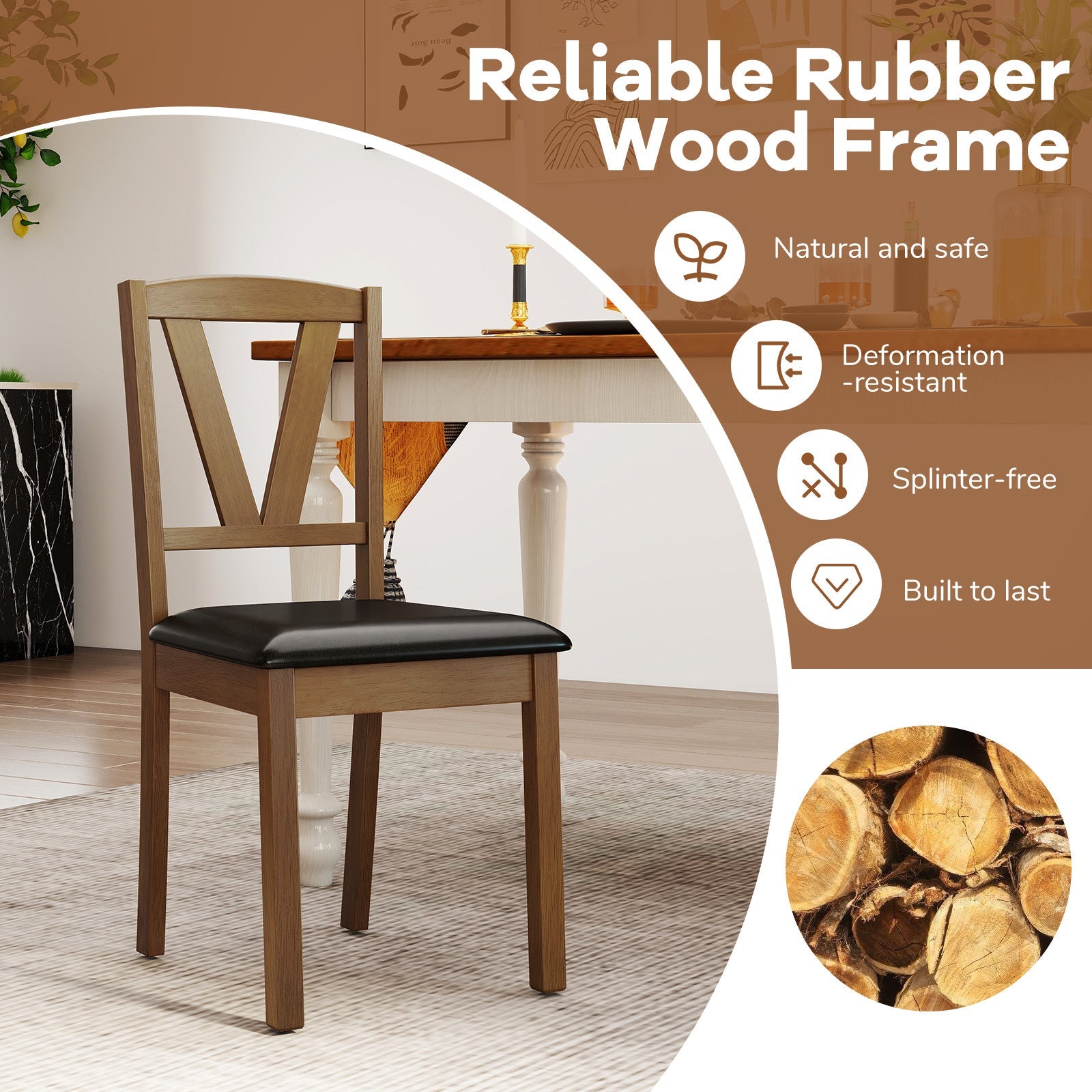 Wooden Dining Chair Set of 2 with PU Leather Upholstered and Rubber Wood Frame-Brown in a modern room setting featuring durability details.