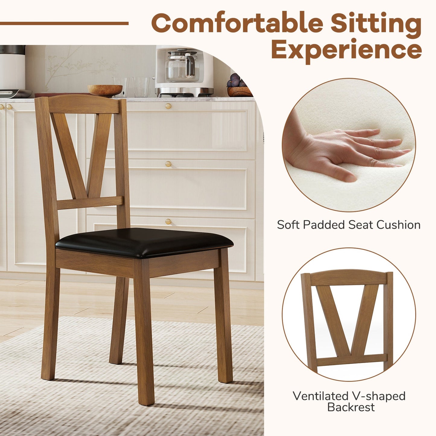 Wooden Dining Chair Set of 2 with PU Leather Upholstered and Rubber Wood Frame-Brown showcasing comfort features