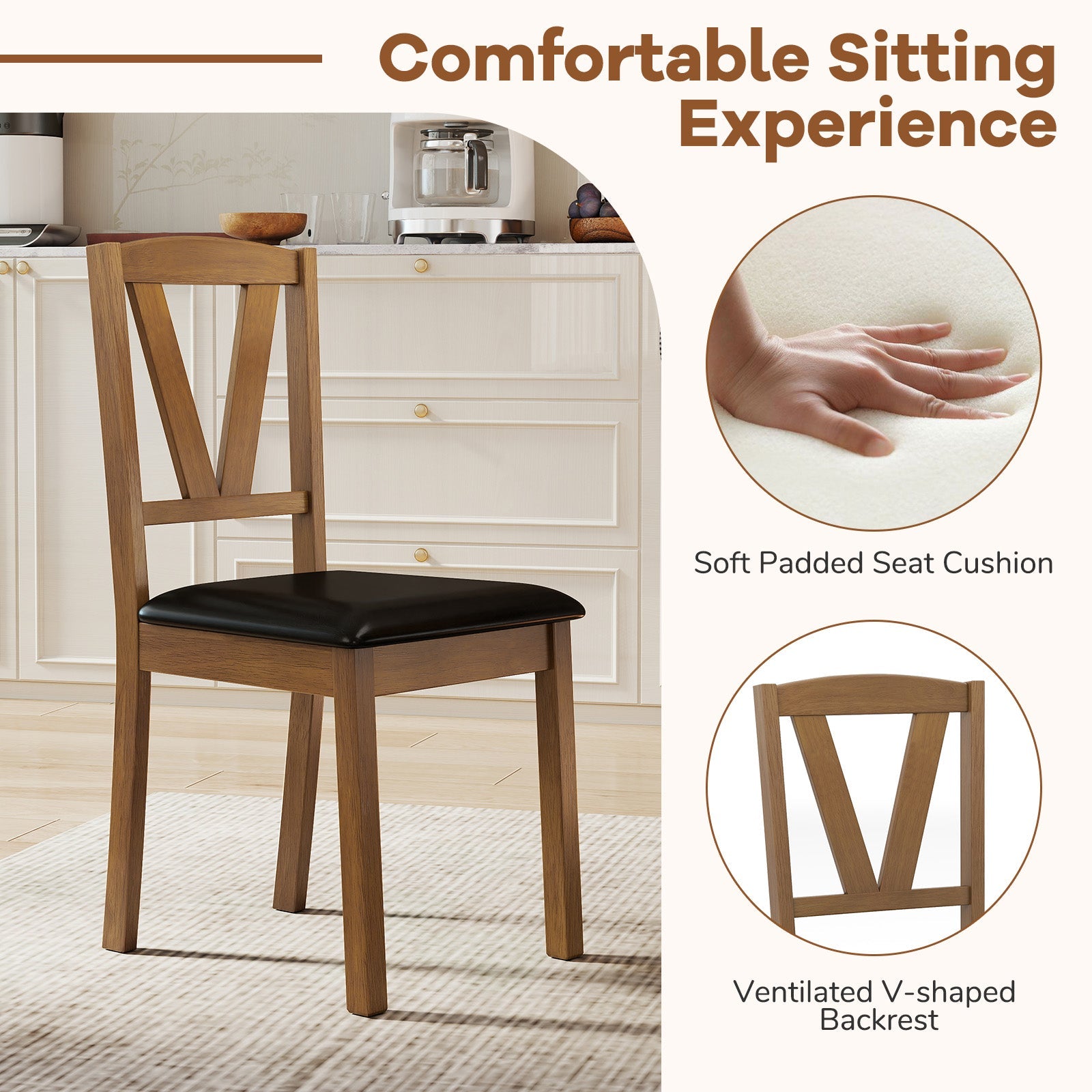 Wooden Dining Chair Set of 2 with PU Leather Upholstered and Rubber Wood Frame-Brown showcasing comfort features