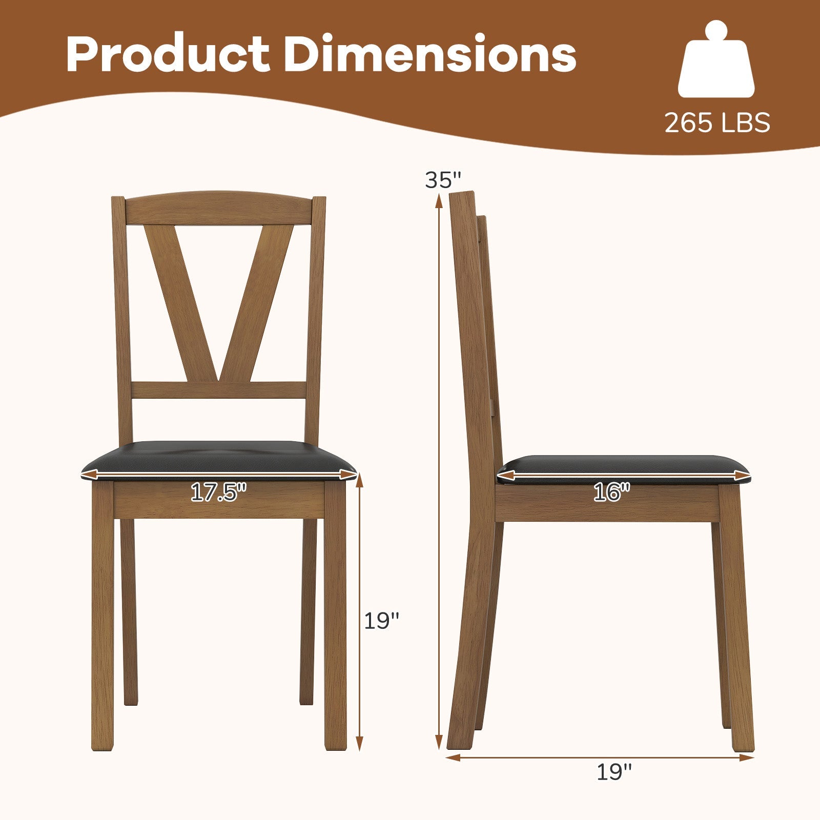 Dimensions of Wooden Dining Chair Set of 2 with PU Leather Upholstered and Rubber Wood Frame-Brown