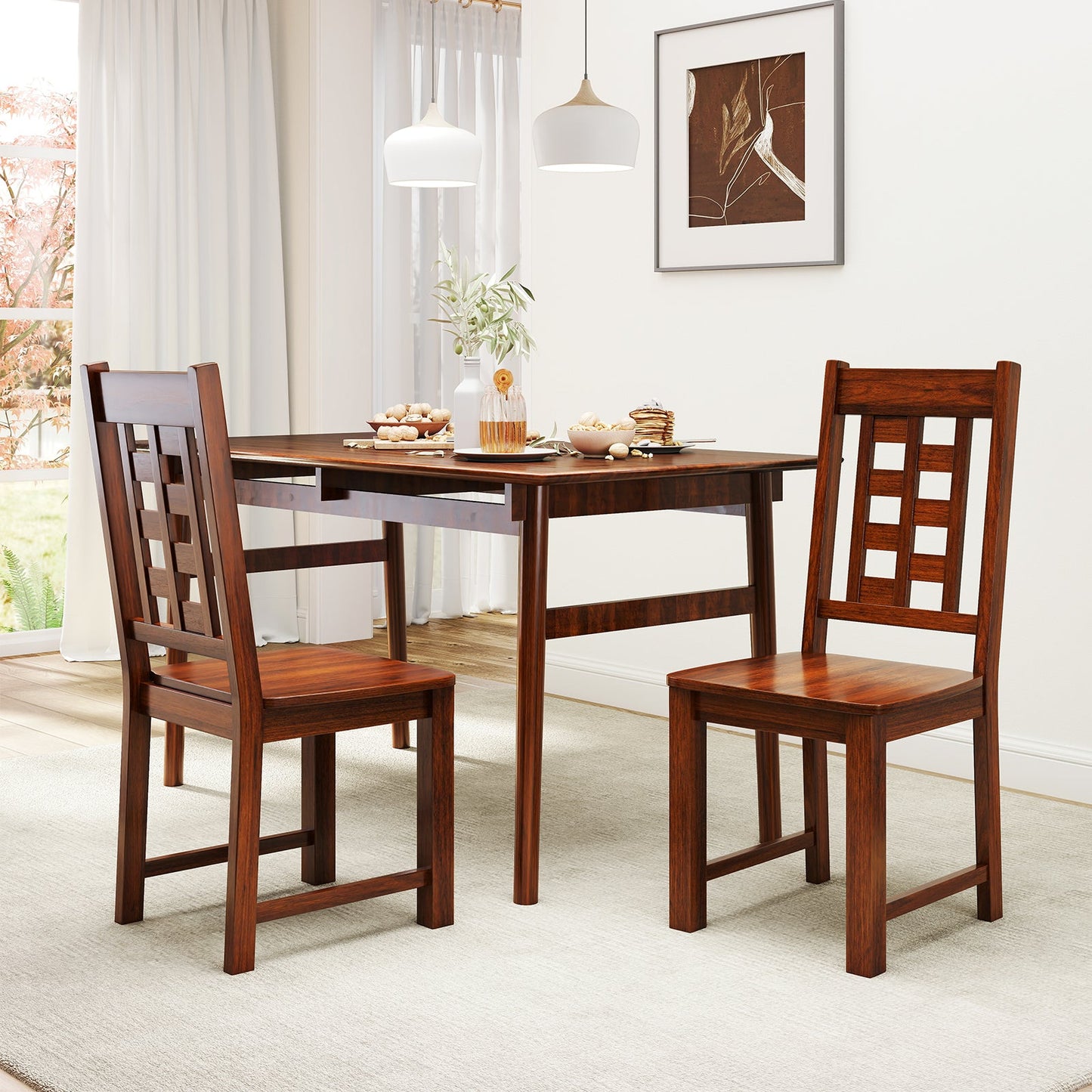 Wooden Dining Chairs Set of 2 Kitchen Chair with Solid Rubber Wood Frame-Walnut in a modern dining room setting.
