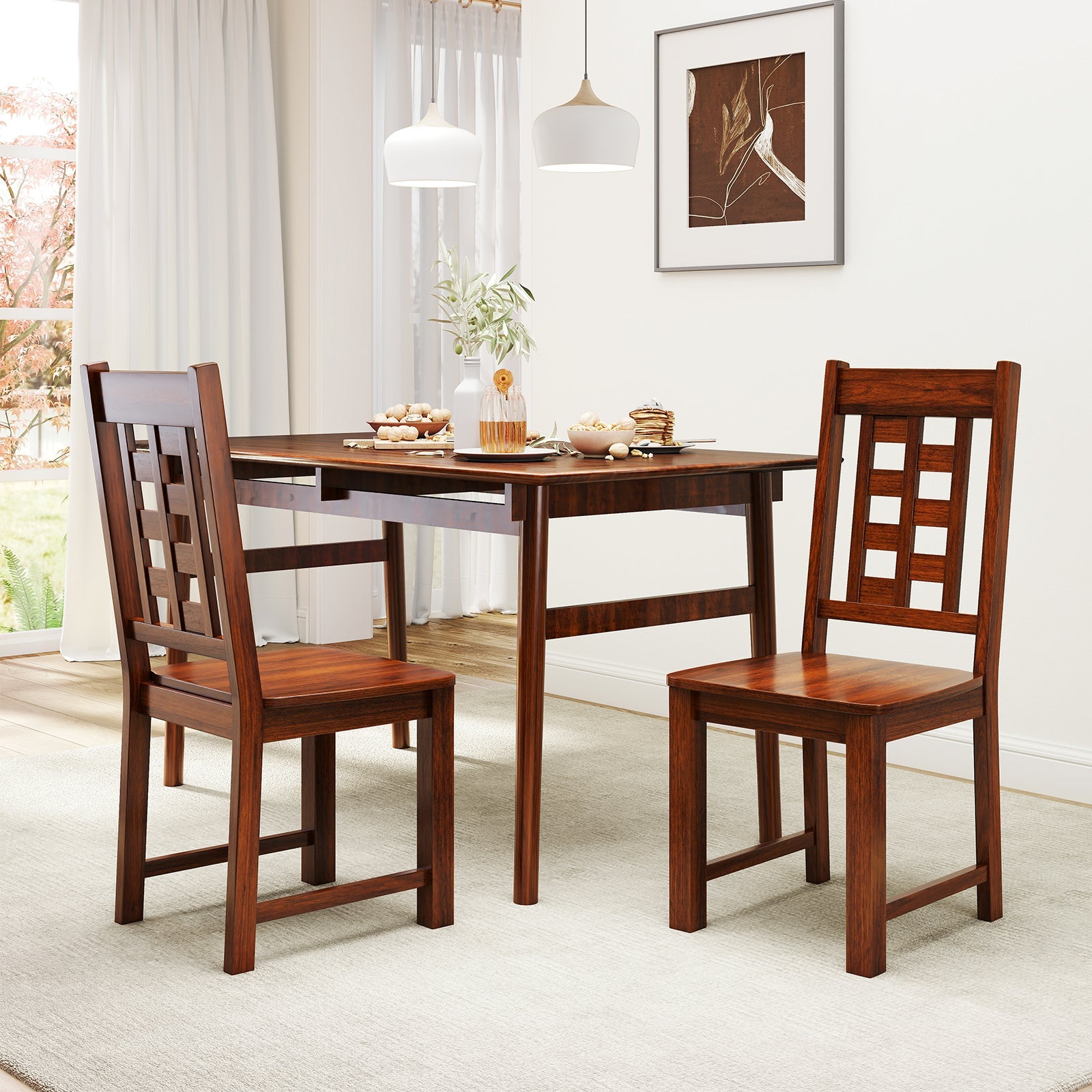 Wooden Dining Chairs Set of 2 Kitchen Chair with Solid Rubber Wood Frame-Walnut in a modern dining room setting.