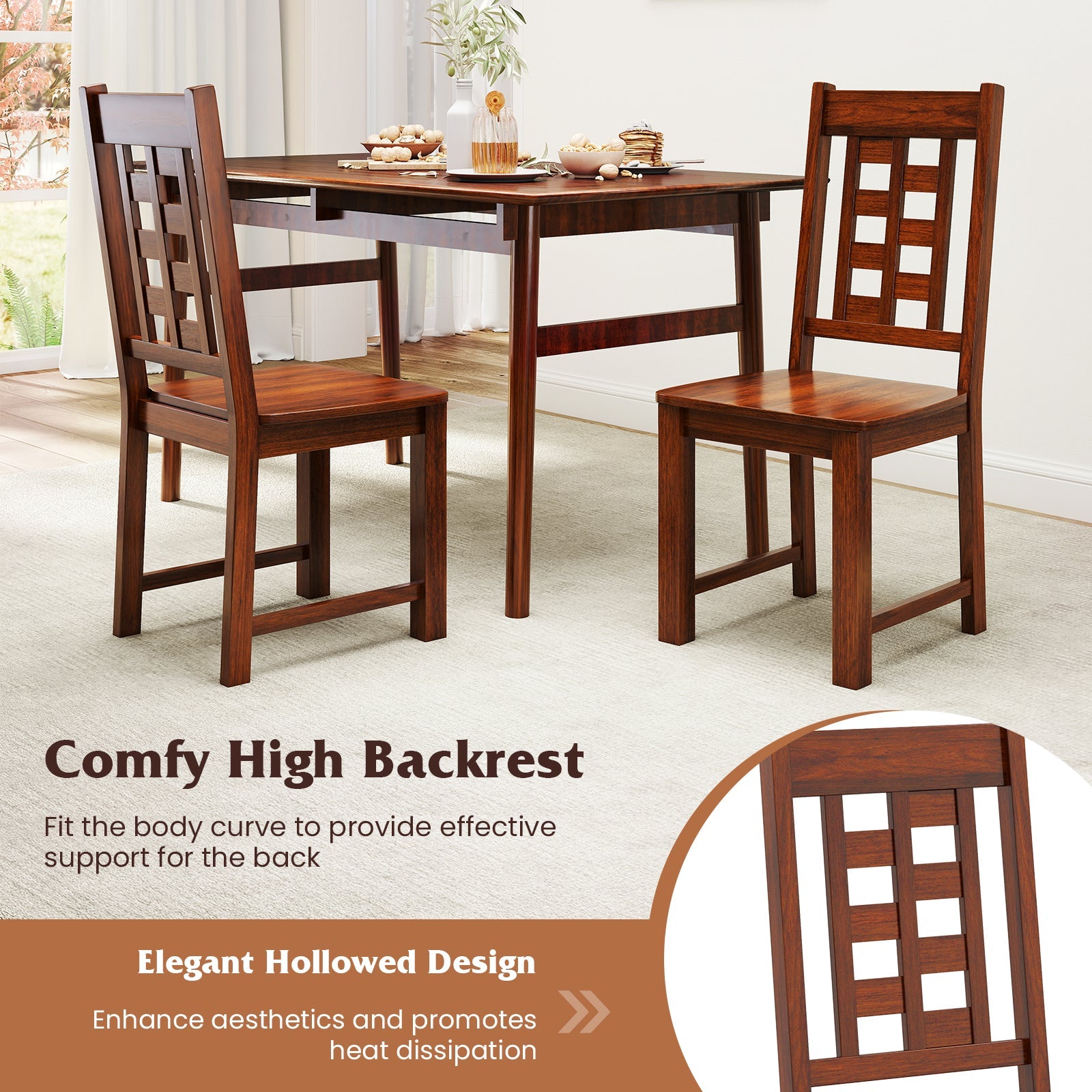 Wooden Dining Chairs Set of 2 Kitchen Chair with Solid Rubber Wood Frame-Walnut featuring high backrest and hollowed design