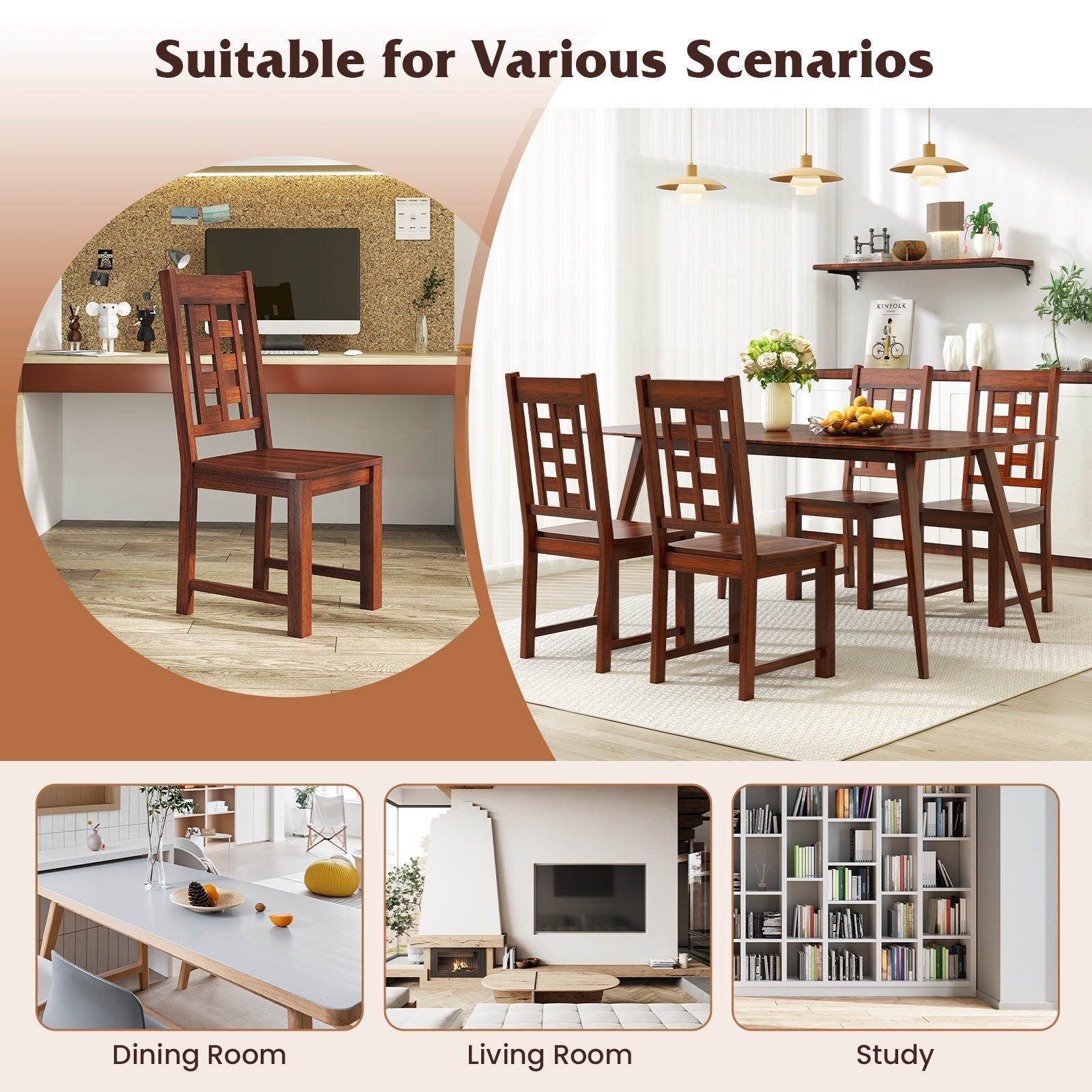 Wooden Dining Chairs Set of 2 Kitchen Chair with Solid Rubber Wood Frame-Walnut displayed in dining and living room settings.
