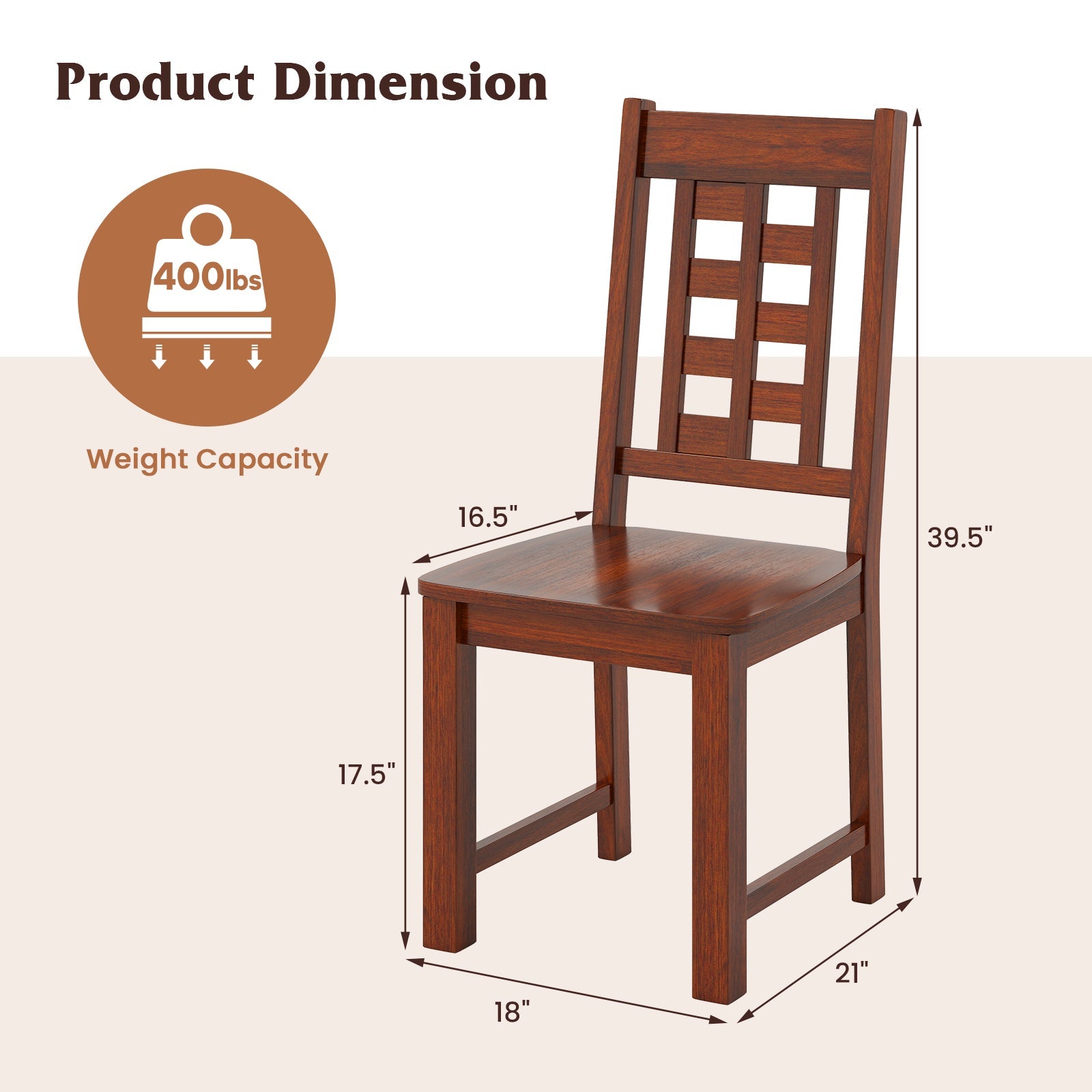 Wooden Dining Chairs Set of 2 Kitchen Chair with Solid Rubber Wood Frame-Walnut, featuring dimensions and 400lbs weight capacity