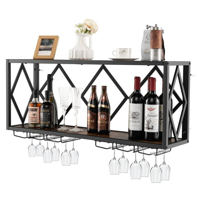 Industrial Rustic Brown Wood Metal Wall Mounted Wine Rack Shelf holding bottles and glasses