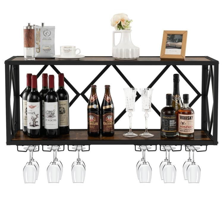 Industrial Rustic Brown Wood Metal Wall Mounted Wine Rack Shelf holds bottles and glasses, saves space, and includes installation tools.