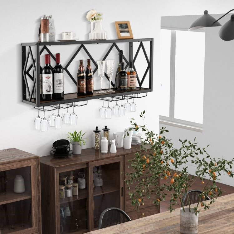 Industrial Rustic Brown Wood Metal Wall Mounted Wine Rack Shelf holds bottles and glasses, offering stylish storage without floor space.