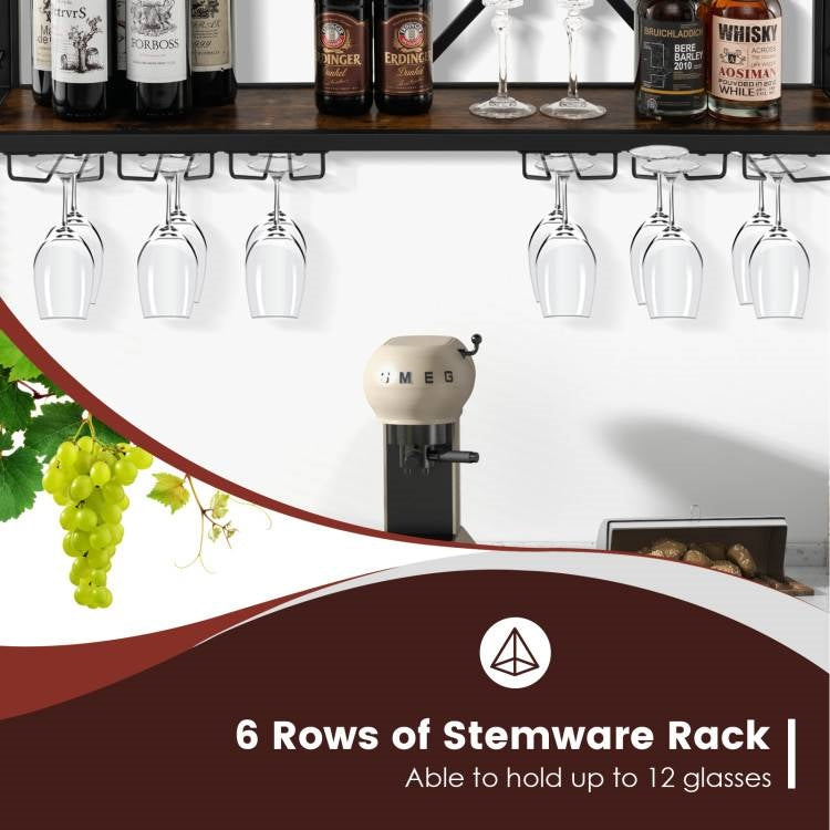 Industrial Rustic Brown Wood Metal Wall Mounted Wine Rack Shelf with 6 rows of stemware rack holding up to 12 glasses