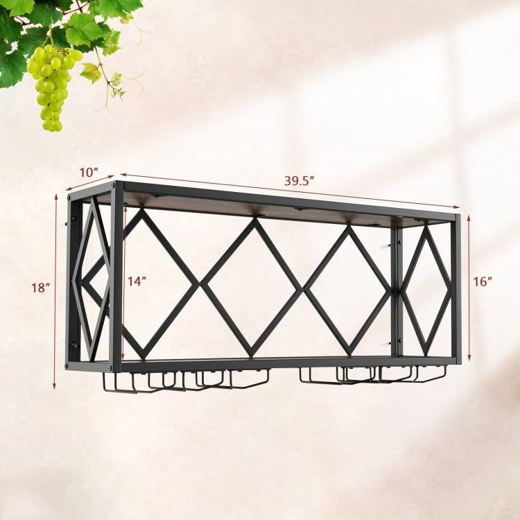 Industrial Rustic Brown Wood Metal Wall Mounted Wine Rack Shelf with dimensions and grape decor