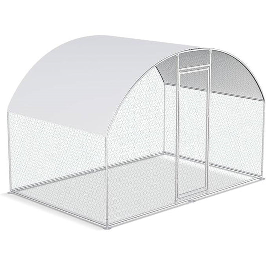 9.8 Ft x 6.6 Ft Outdoor Metal Chicken Coop with Dome Roof and Waterproof Cover, featuring a secure galvanized structure.