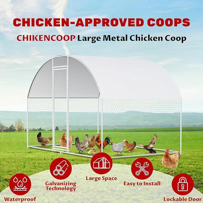 9.8 Ft x 6.6 Ft Outdoor Metal Chicken Coop with Dome Roof and Waterproof Cover featuring galvanized technology and lockable door
