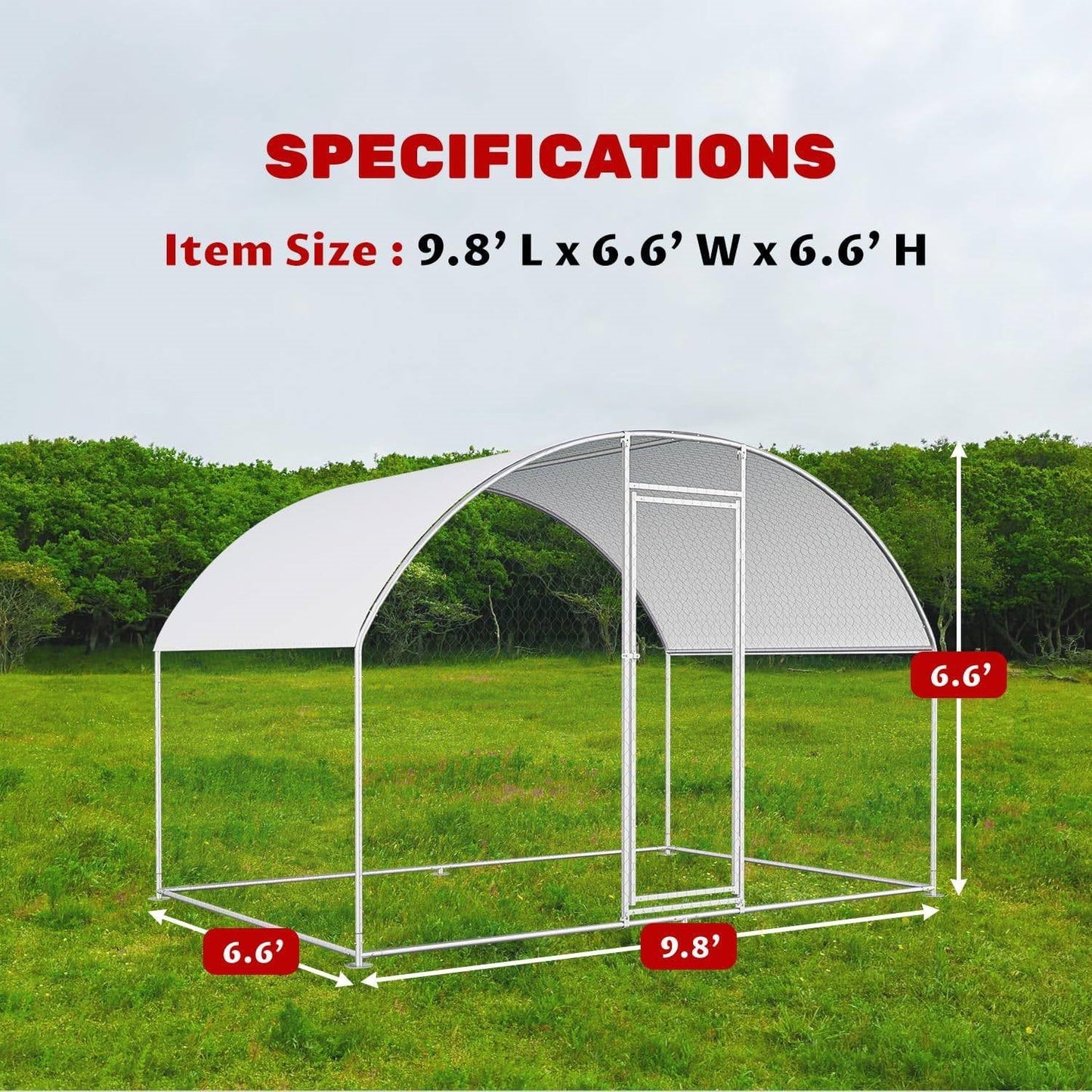 9.8 Ft x 6.6 Ft Outdoor Metal Chicken Coop with Dome Roof and Waterproof Cover showcasing dimensions.