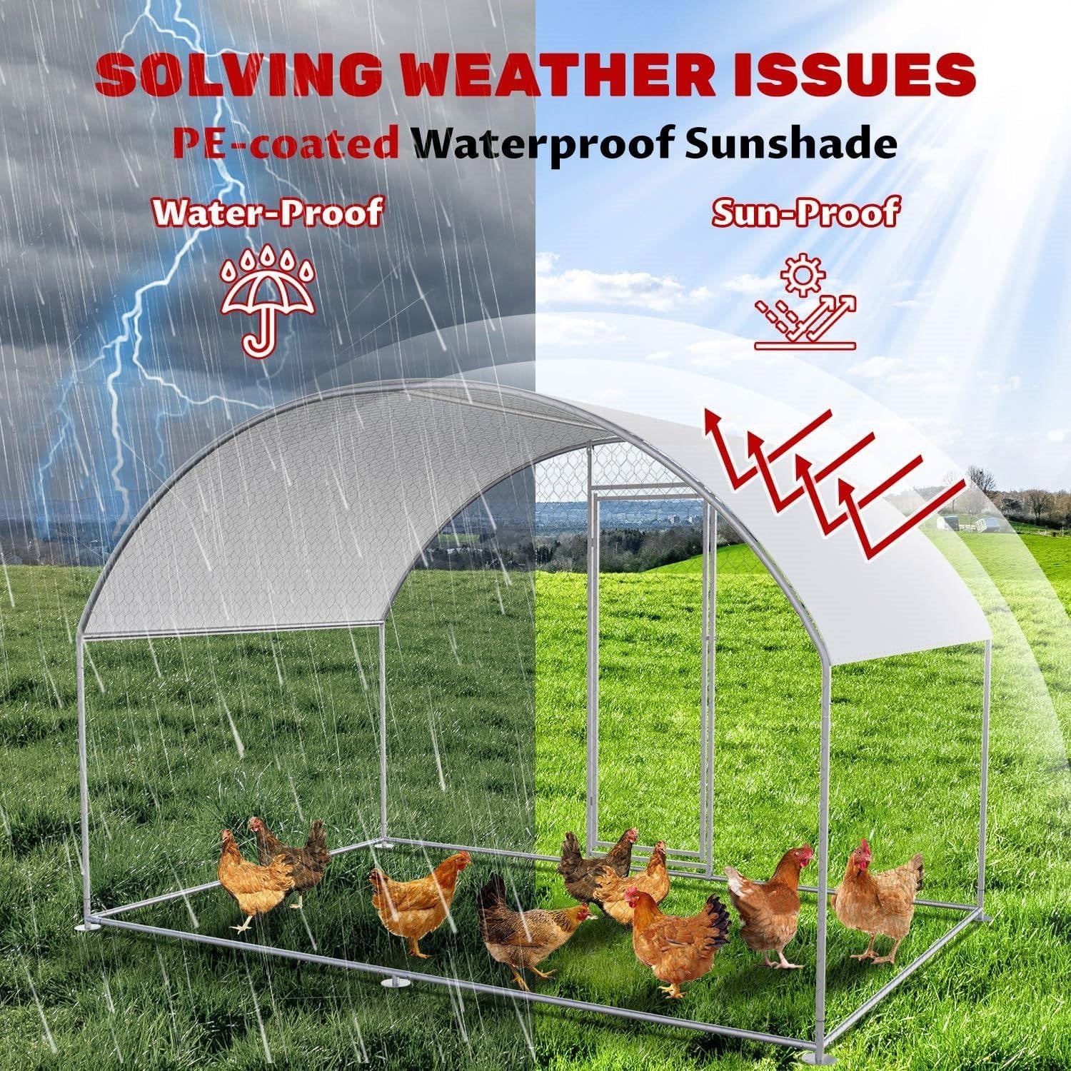 9.8 Ft x 6.6 Ft Outdoor Metal Chicken Coop with Dome Roof and Waterproof Cover showcasing sun and rain protection