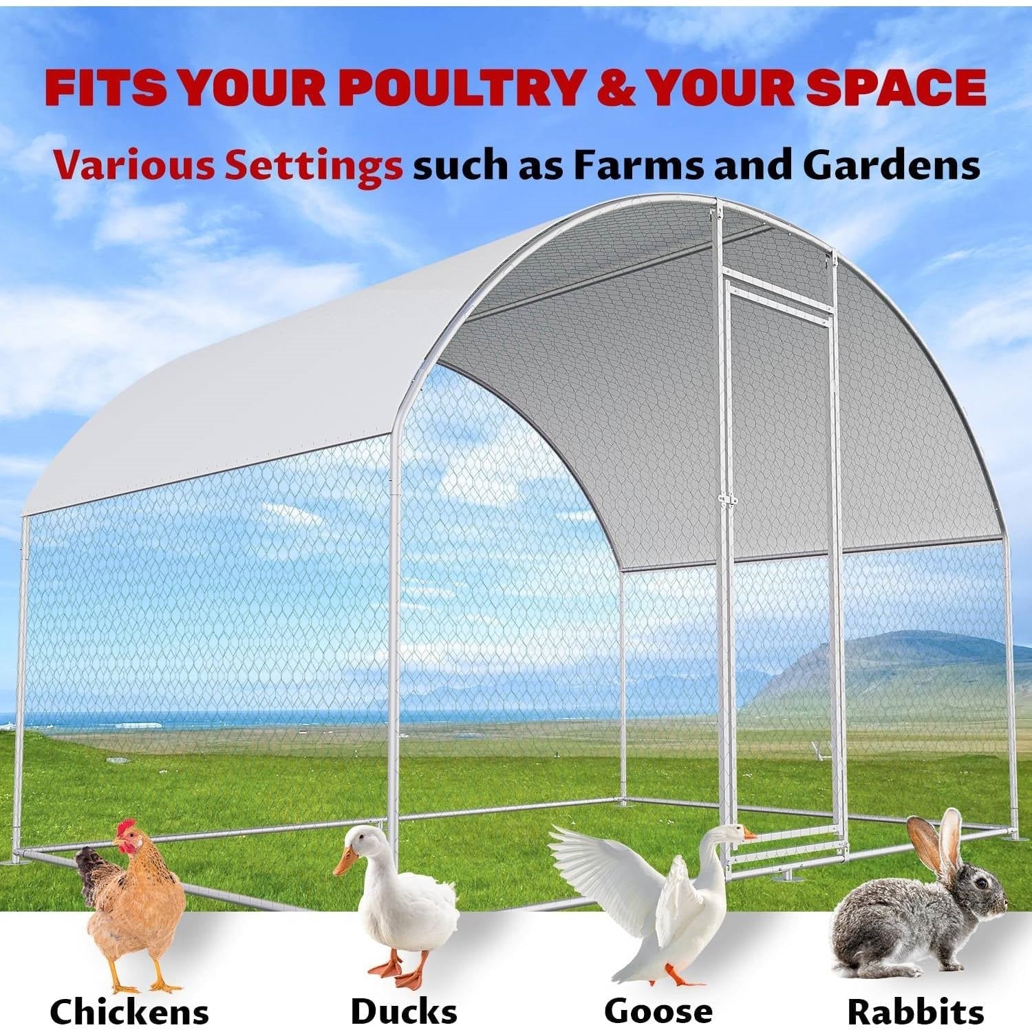 9.8 Ft x 6.6 Ft Outdoor Metal Chicken Coop with Dome Roof and Waterproof Cover for Poultry and Small Animals