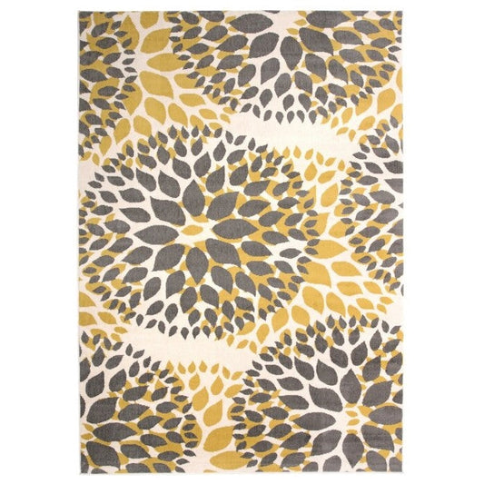 3'1" x 5' Grey Yellow Floral Woven Stain Resistant Polypropylene Area Rug with floral pattern and low pile height.