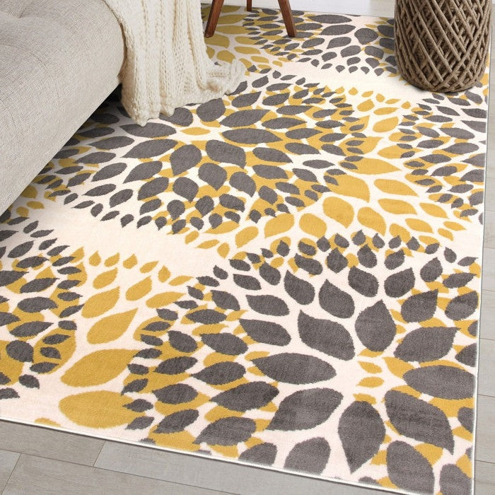 3'1" x 5' Grey Yellow Floral Woven Stain Resistant Polypropylene Area Rug with traditional design and low pile height