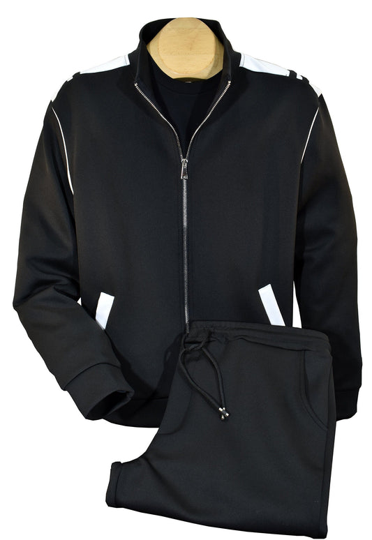 Italian Garda Leisure Set with black jacket and pants, white trim on shoulders and pockets, showcasing casual comfort and Italian craftsmanship.