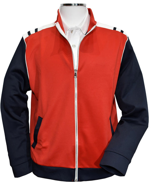 Rarri Italian Leisure Set jacket with red and white trim, made from poly microfiber fabric, featuring side slash pockets and full zip.