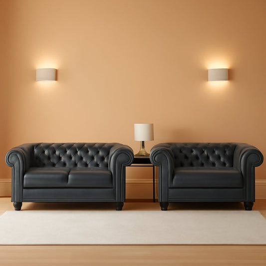 Black faux leather Chesterfield sofa set 3 seater loveseat in modern living room setting