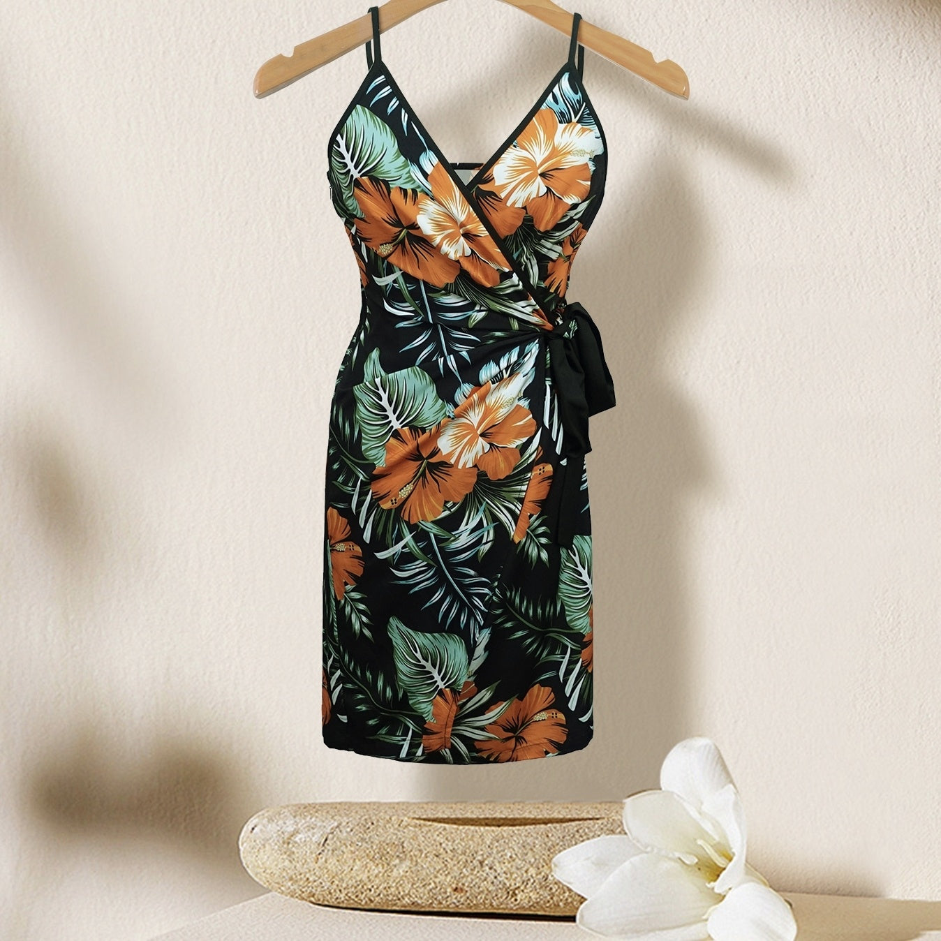 Women's V-neck Lace Up Plant Print Off Shoulder Versatile Dress with floral pattern, ideal for summer casual wear.