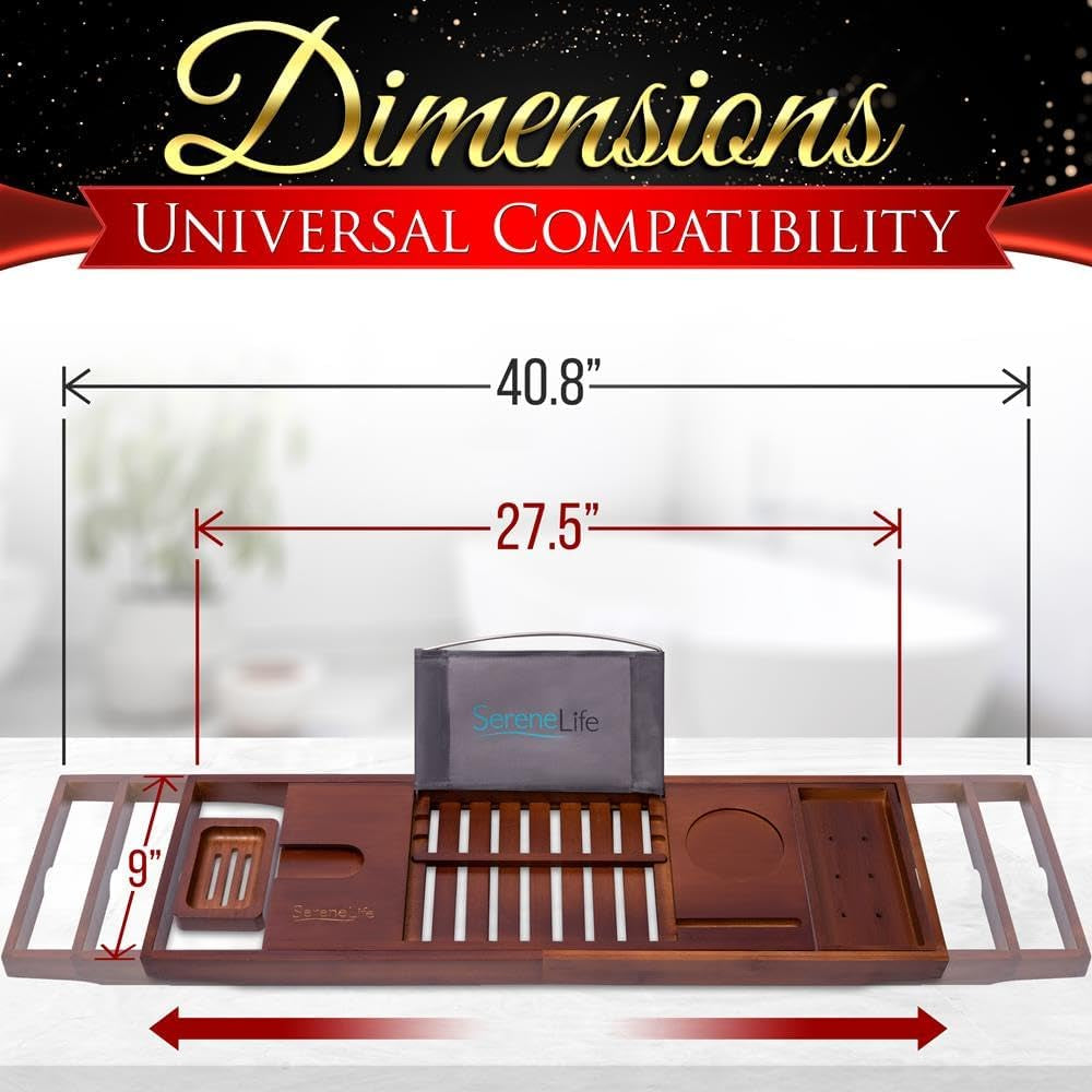 Bamboo Bathtub Caddy Tray – Expandable Waterproof Bath Tray with Wine Glass Holder, Tablet Stand, Removable Slots - Universal Fit